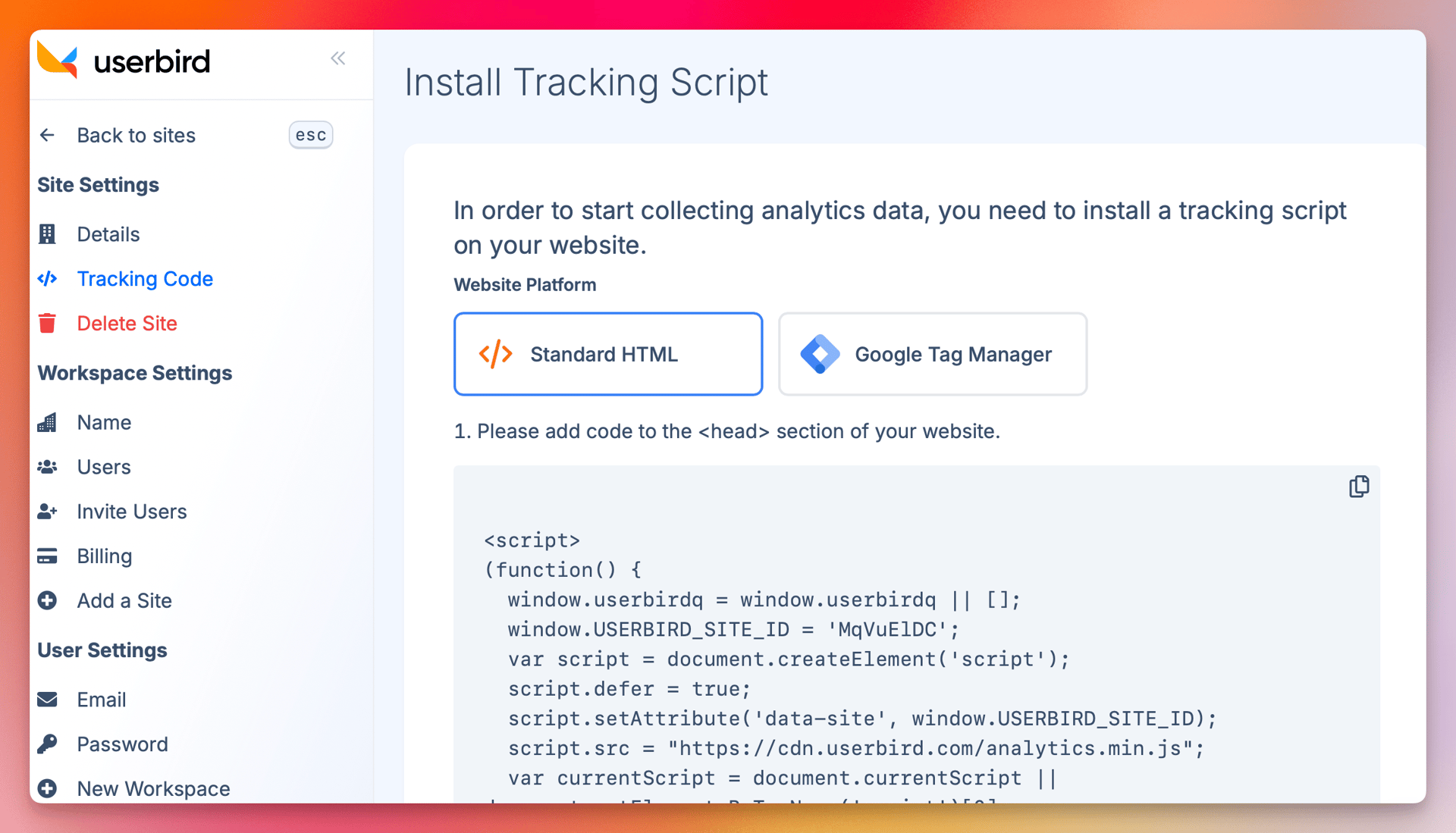 Click 'Settings' and select 'Tracking Code' from the left hand side-bar