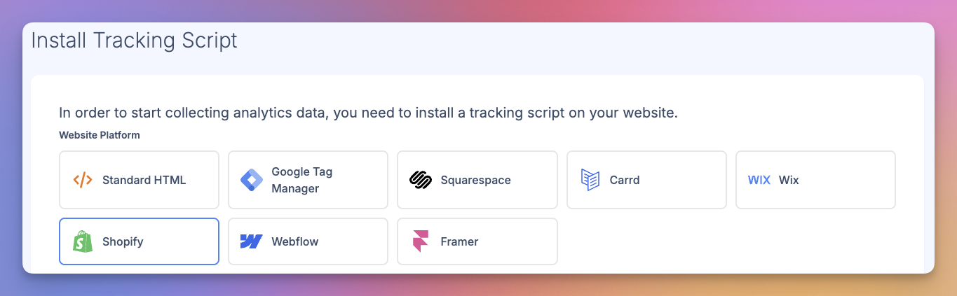 Support for Squarespace, Carrd, Wix, Shopify, Framer & Webflow Support for Squarespace, Carrd, Wix, Shopify, Framer & Webflow