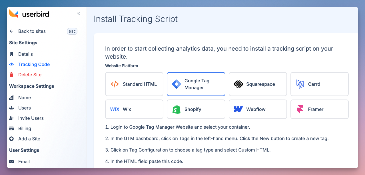 Select 'Tracking Code' and then select 'Google Tag Manager'