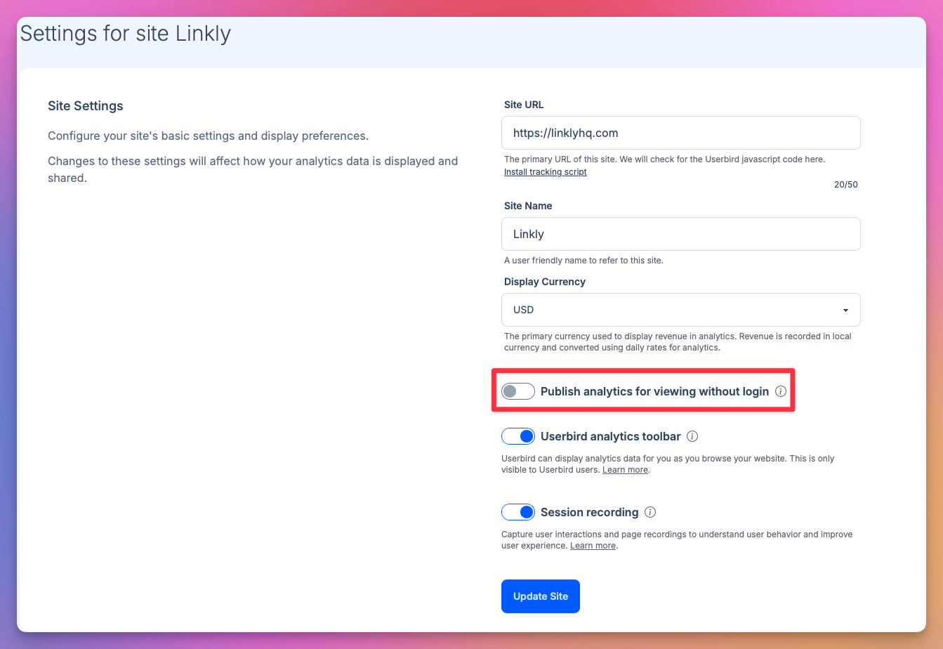 Click 'Publish analytics for viewing without login