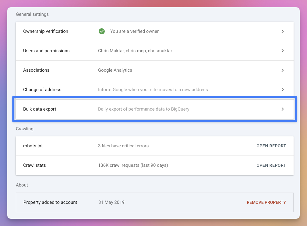 Select bulk data export.