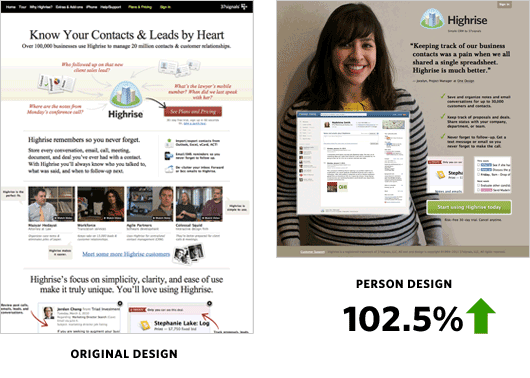 Highrise landing page conversion improvement with a picture of a happy customer Highrise landing page conversion improvement with a picture of a happy customer