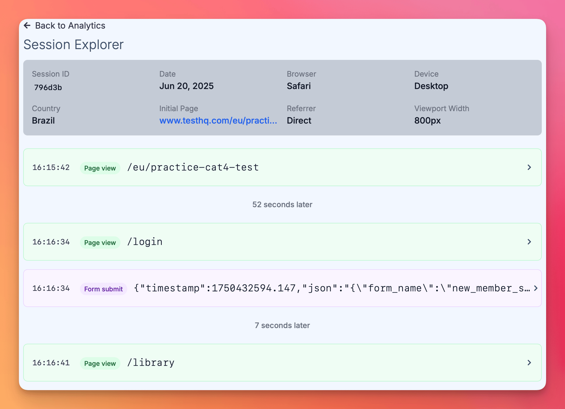 Use Userbird's session explorer to see the timestamped data was ingested Use Userbird's session explorer to see the timestamped data was ingested