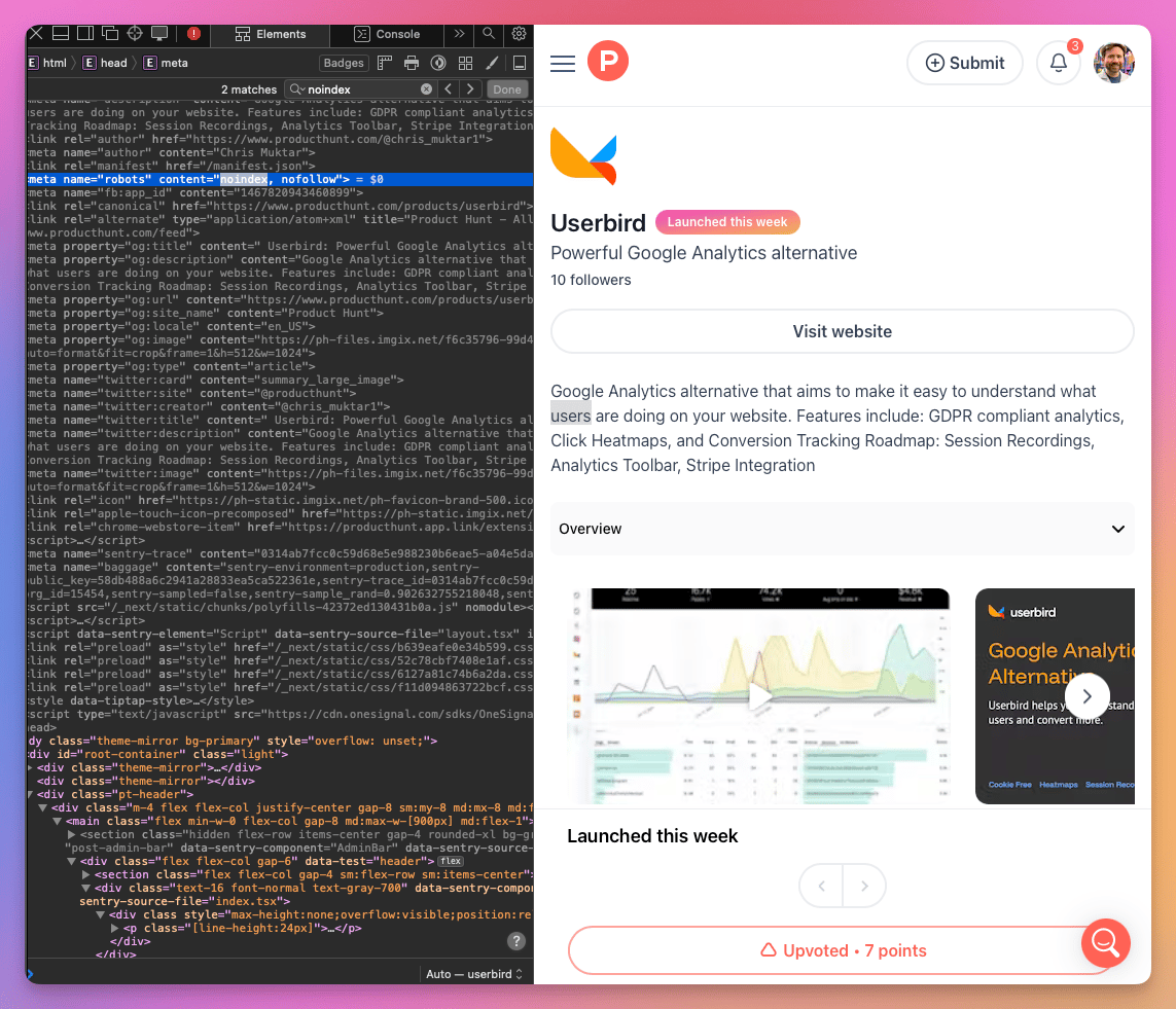 Our ProductHunt launch was `noindex, nofollow`