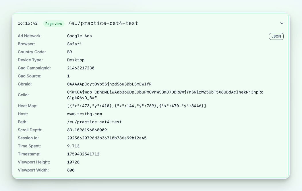 Expanded page view data example Expanded page view data example