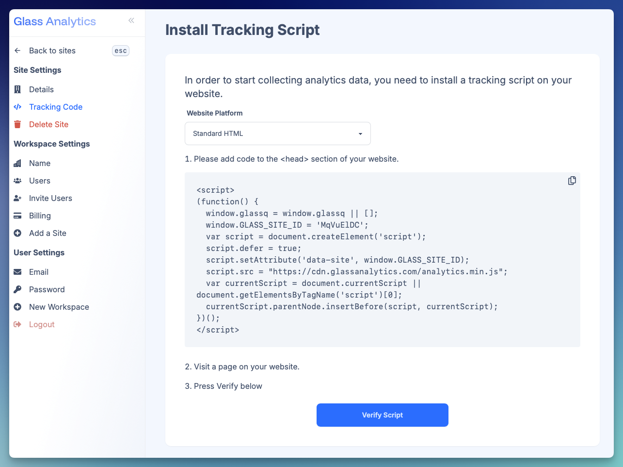 Click 'Settings' and select 'Tracking Code' from the left hand side-bar